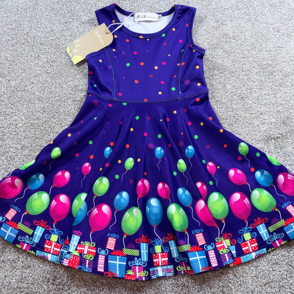 LaBeca Girls Purple Birthday Balloon Gift Skater‎ Dress LaB-238 XS NWT